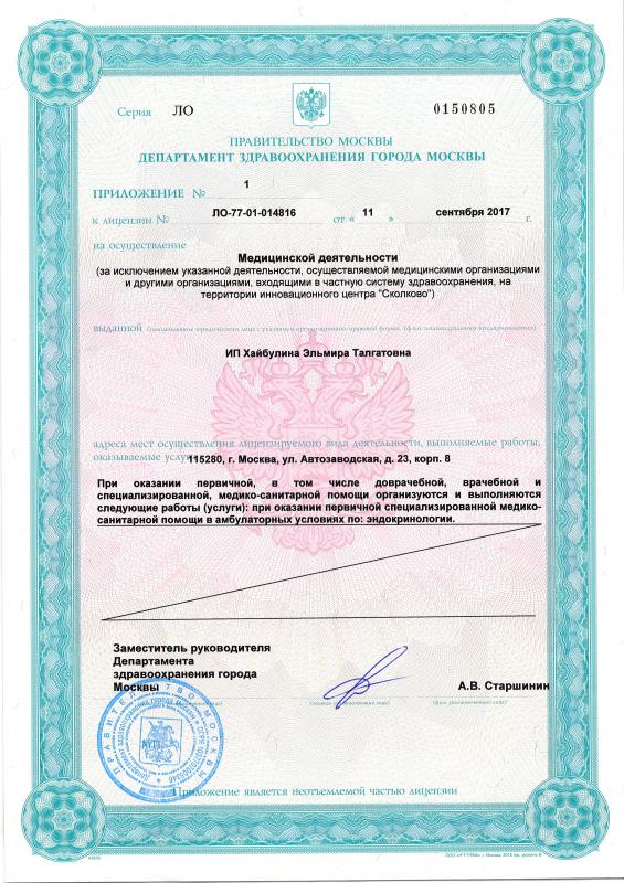 Приложение №1 к Лицензии на осуществление медицинской деятельности ИП Хайбиулина Эльмира Талгатовна